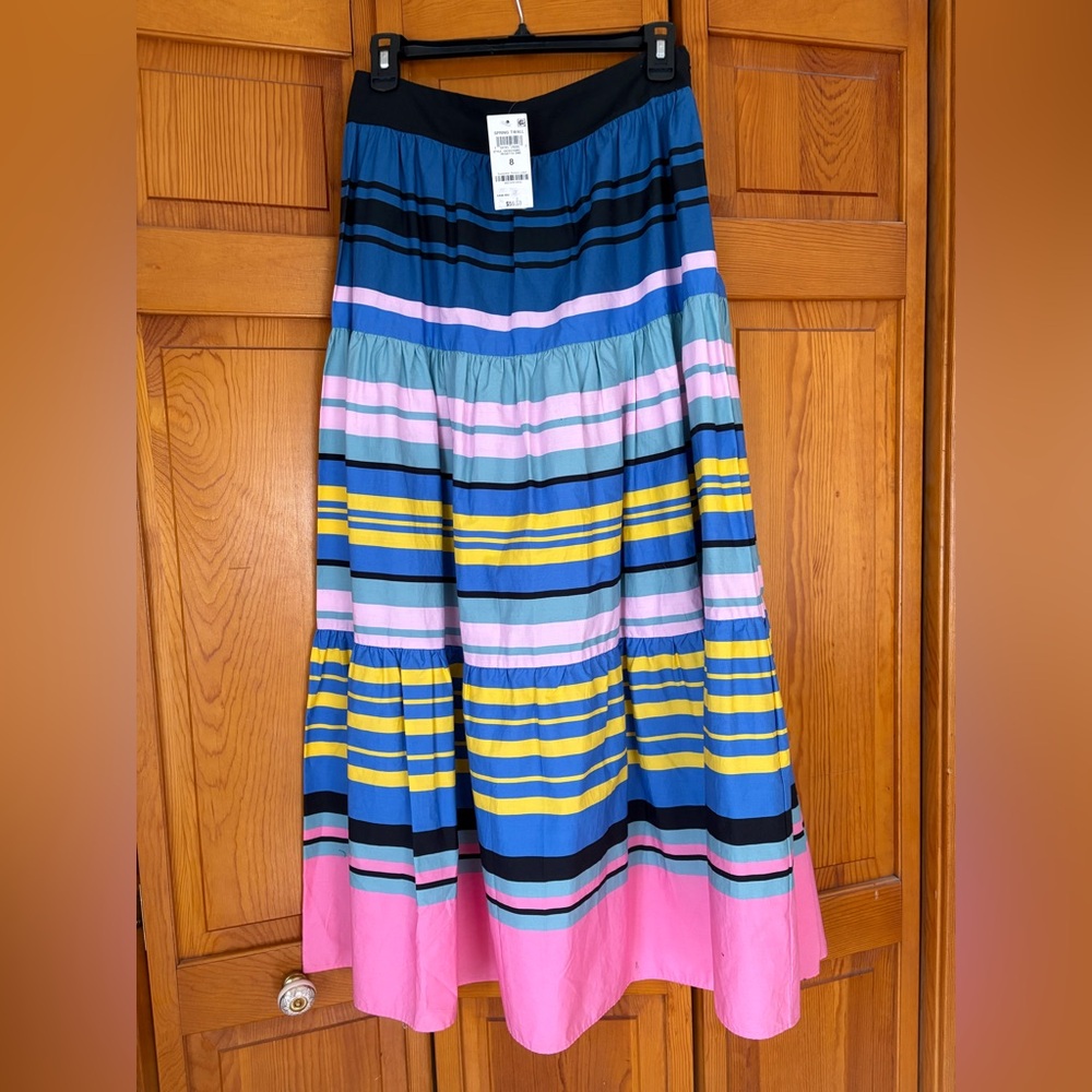 Striped Tiered Maxi Skirt in Blue, Pink & Yellow